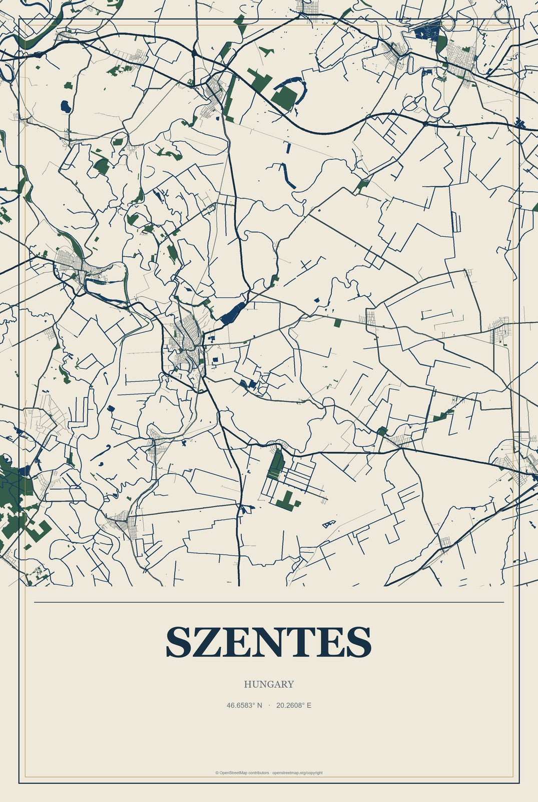 Szentes, Hungary City Map Aluminum Sign in Coastal Cutout style