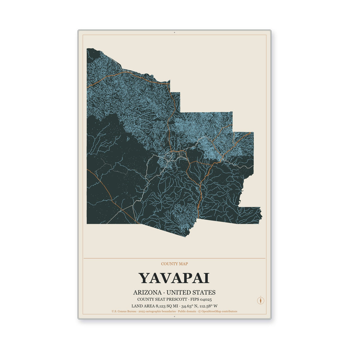 Yavapai County, Arizona Map Aluminum Sign in Headline Atlas style