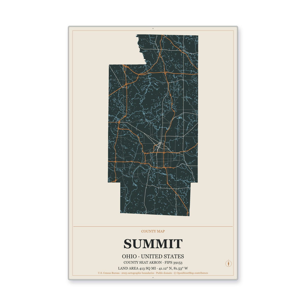 Summit County, Ohio Map Aluminum Sign in Headline Atlas style