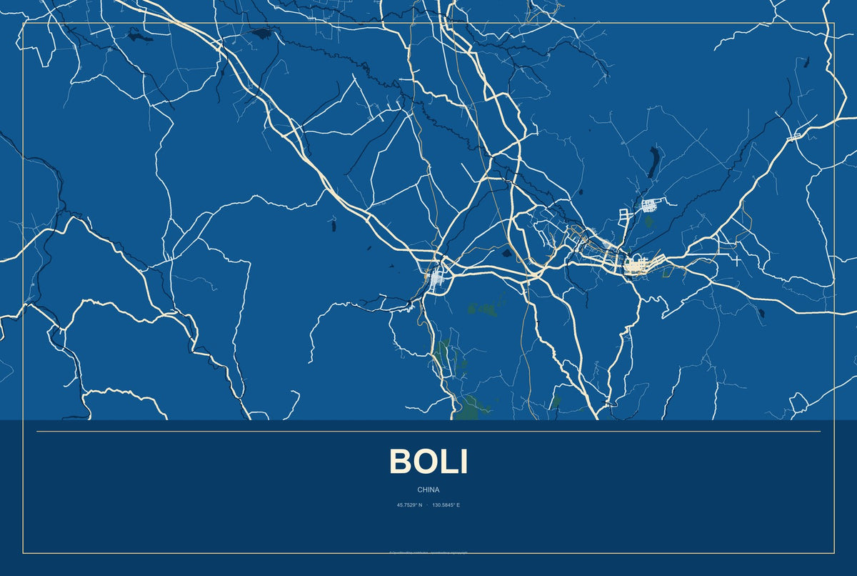 Boli, China City Map Aluminum Sign in Harbor Cobalt style