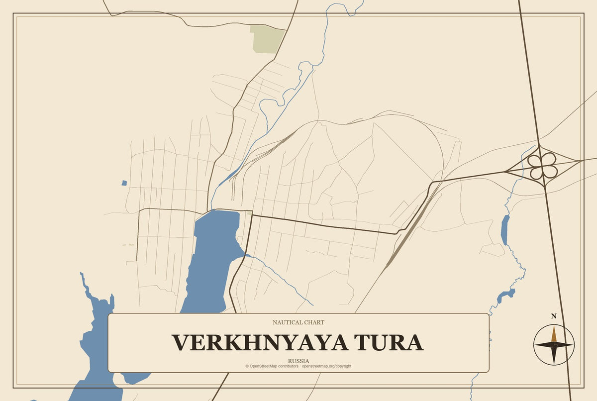 Verkhnyaya Tura, Russia City Map Aluminum Sign in Heritage Nautical style