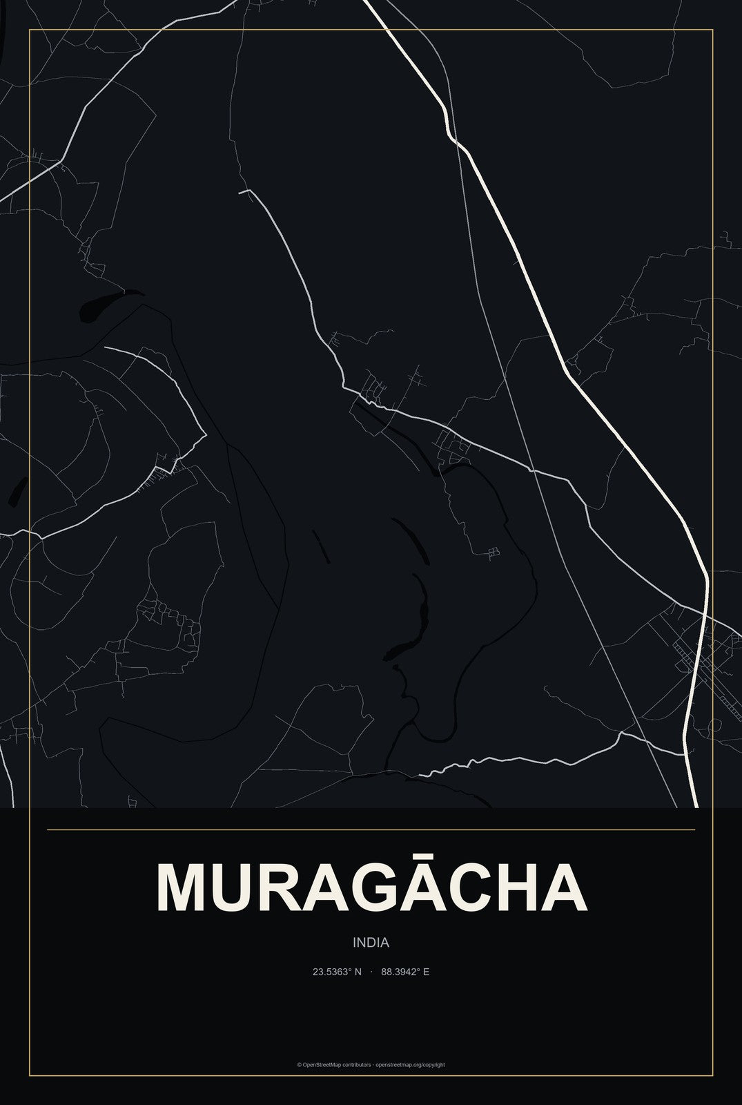 Muragācha, India City Map Aluminum Sign in Metropolitan Noir style