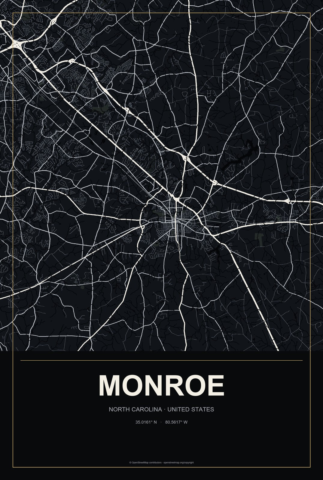 Monroe, North Carolina City Map Aluminum Sign in Metropolitan Noir style