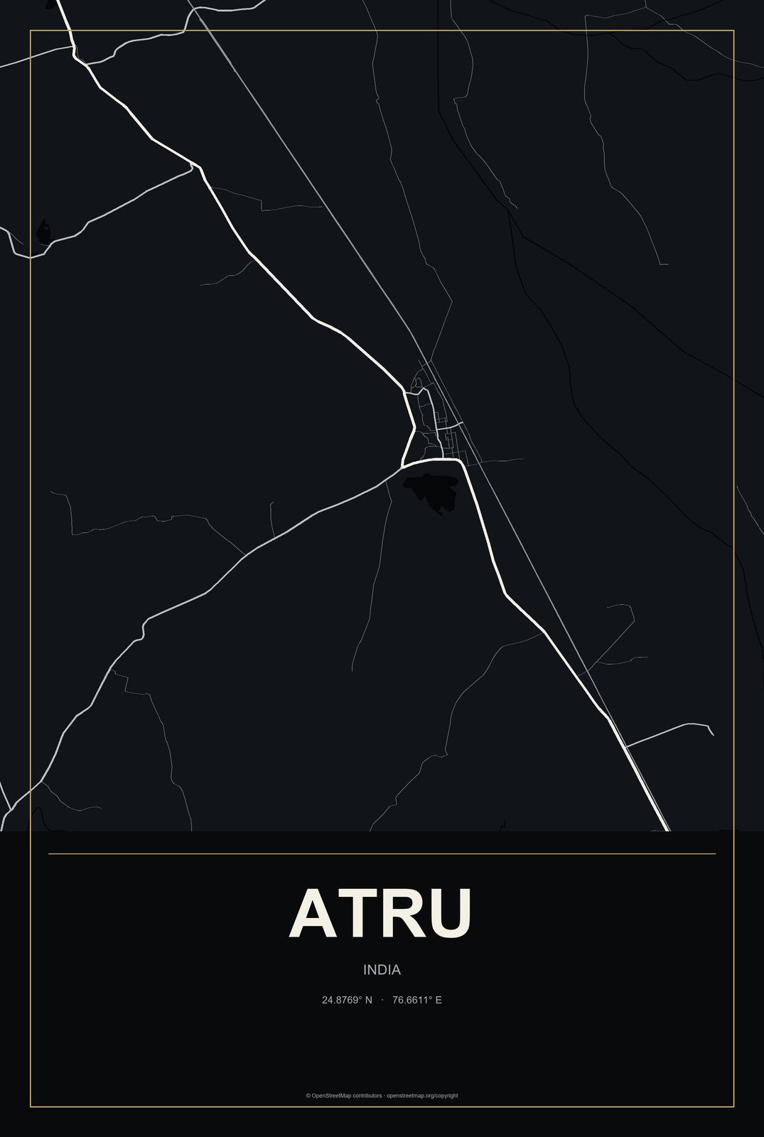 Atru, India City Map Aluminum Sign in Metropolitan Noir style