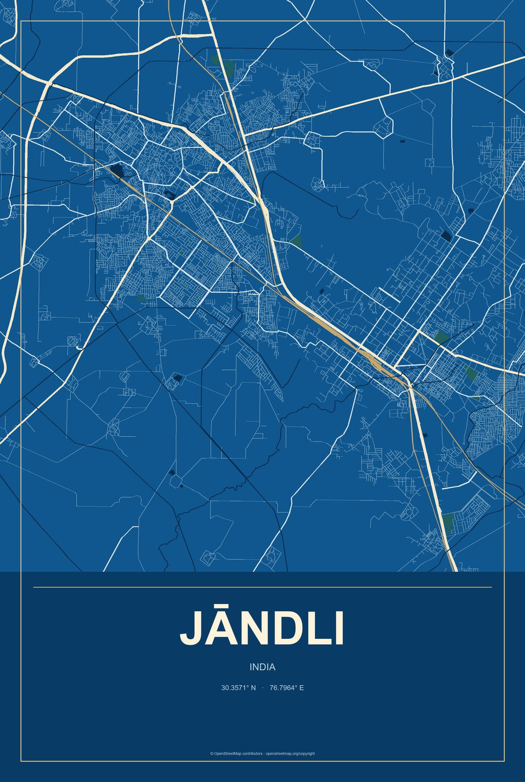 Jāndli, India City Map Aluminum Sign in Harbor Cobalt style
