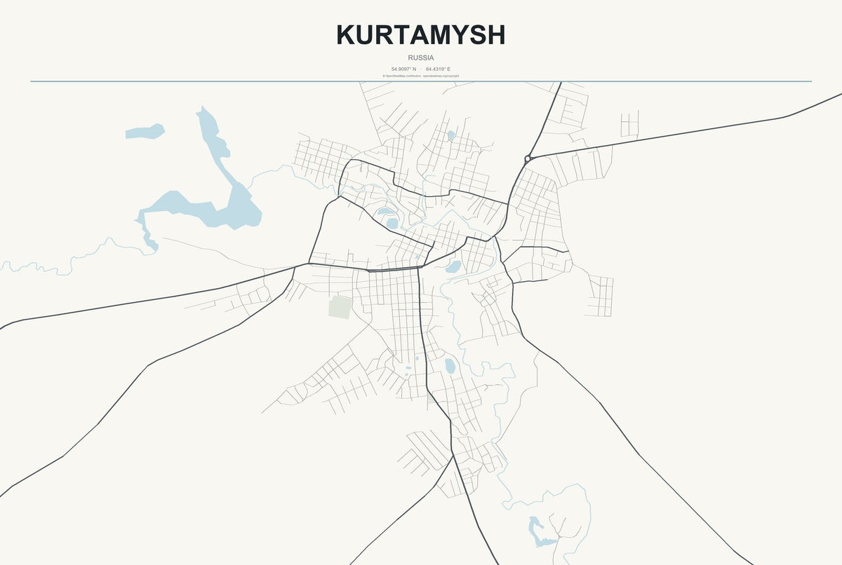 Kurtamysh, Russia City Map Aluminum Sign in Headline Atlas style