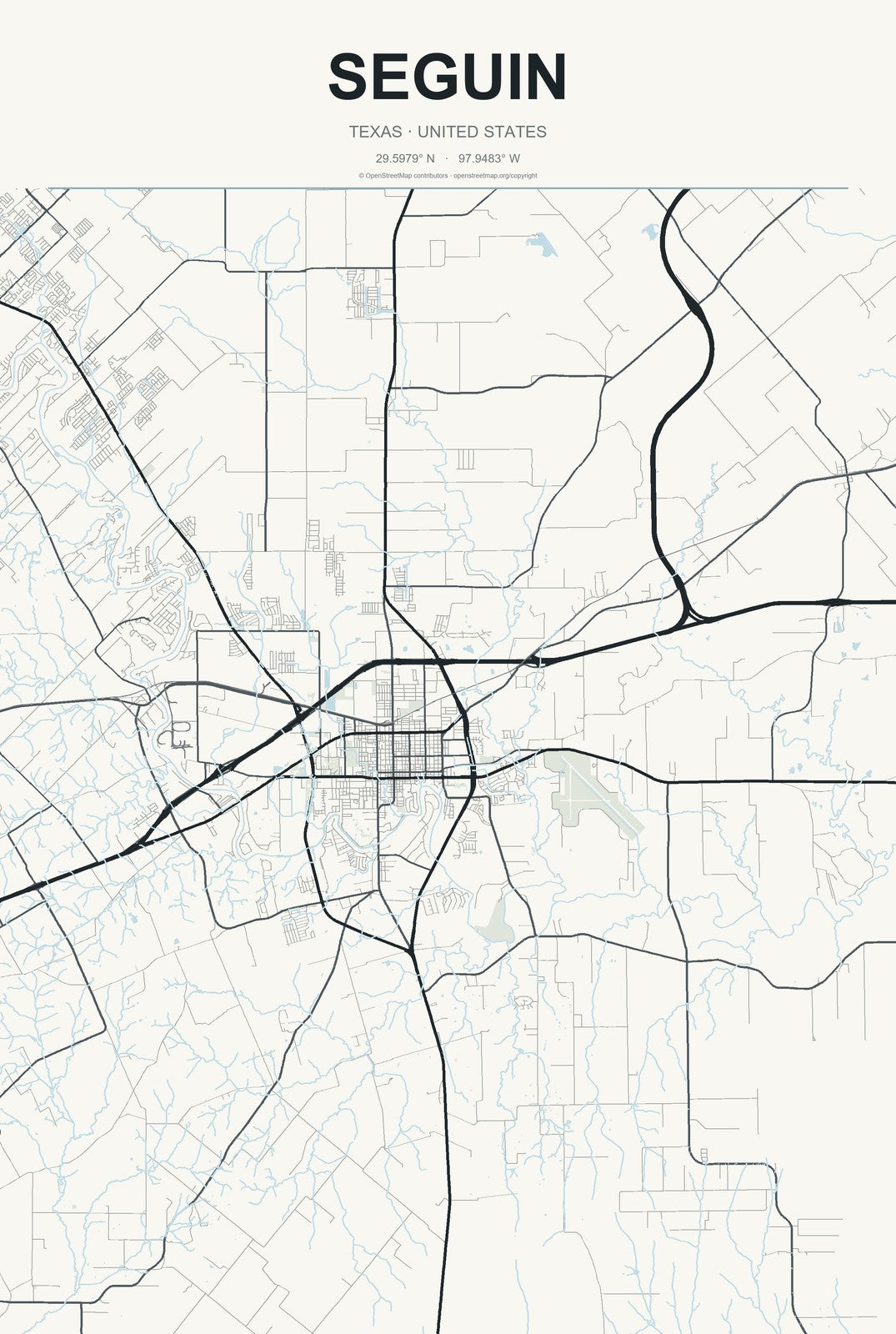 Seguin, Texas City Map Aluminum Sign in Headline Atlas style