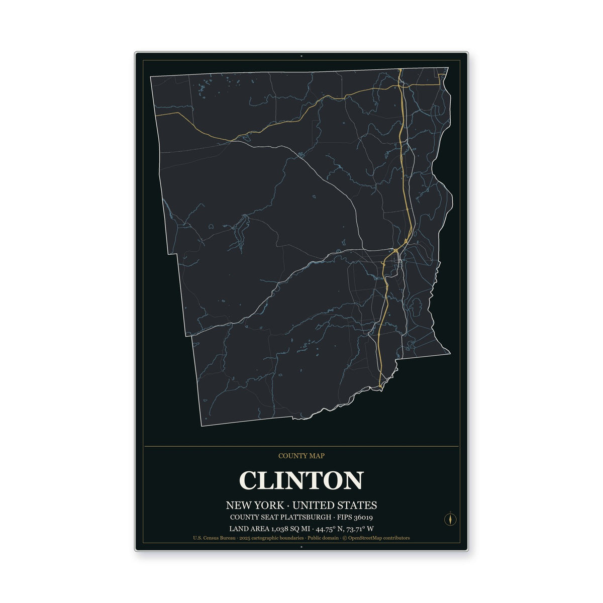 Clinton County, New York Map Aluminum Sign in Metropolitan Noir style