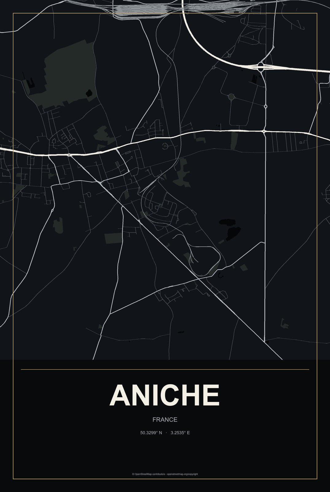 Aniche, France City Map Aluminum Sign in Metropolitan Noir style