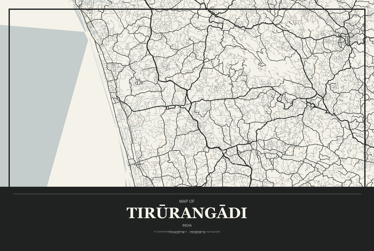 Tirūrangādi, India City Map Aluminum Sign in Museum Plaque style