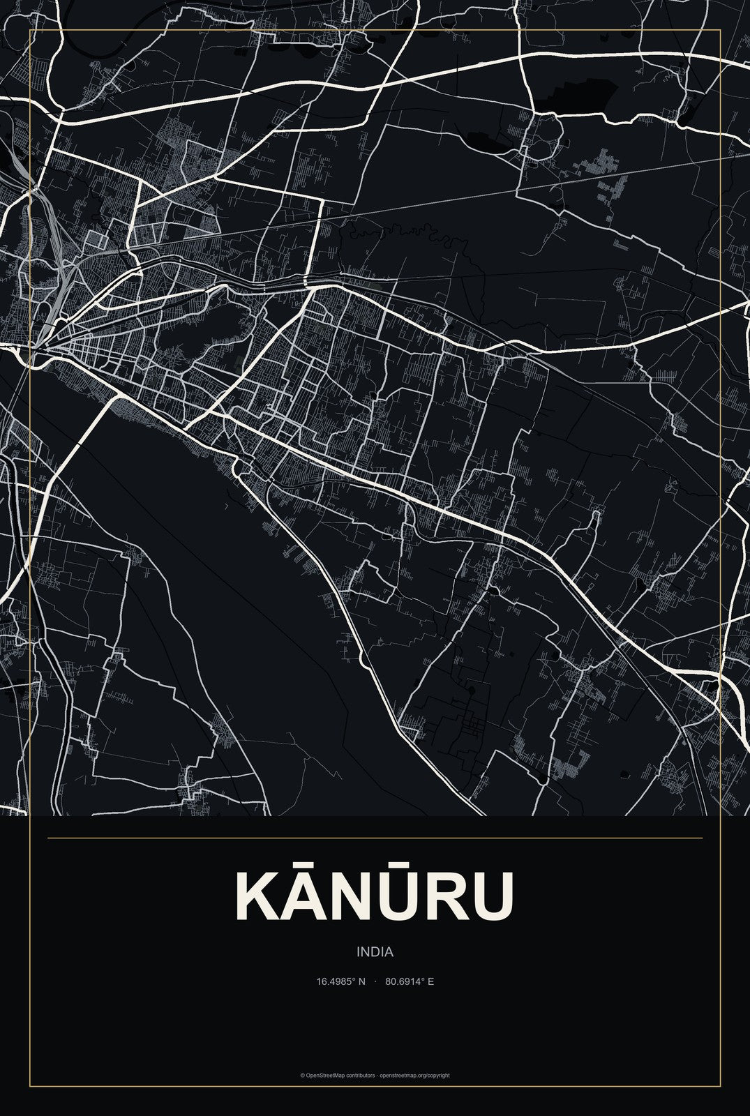 Kānūru, India City Map Aluminum Sign in Metropolitan Noir style