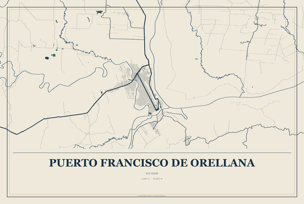 Puerto Francisco de Orellana, Ecuador City Map Aluminum Sign in Coastal Cutout style