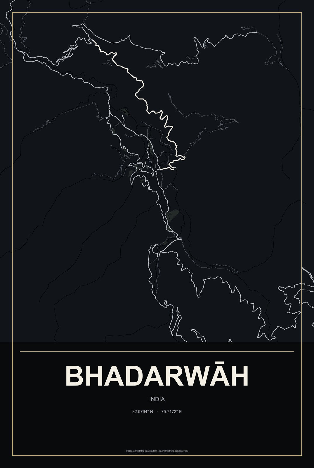 Bhadarwāh, India City Map Aluminum Sign in Metropolitan Noir style
