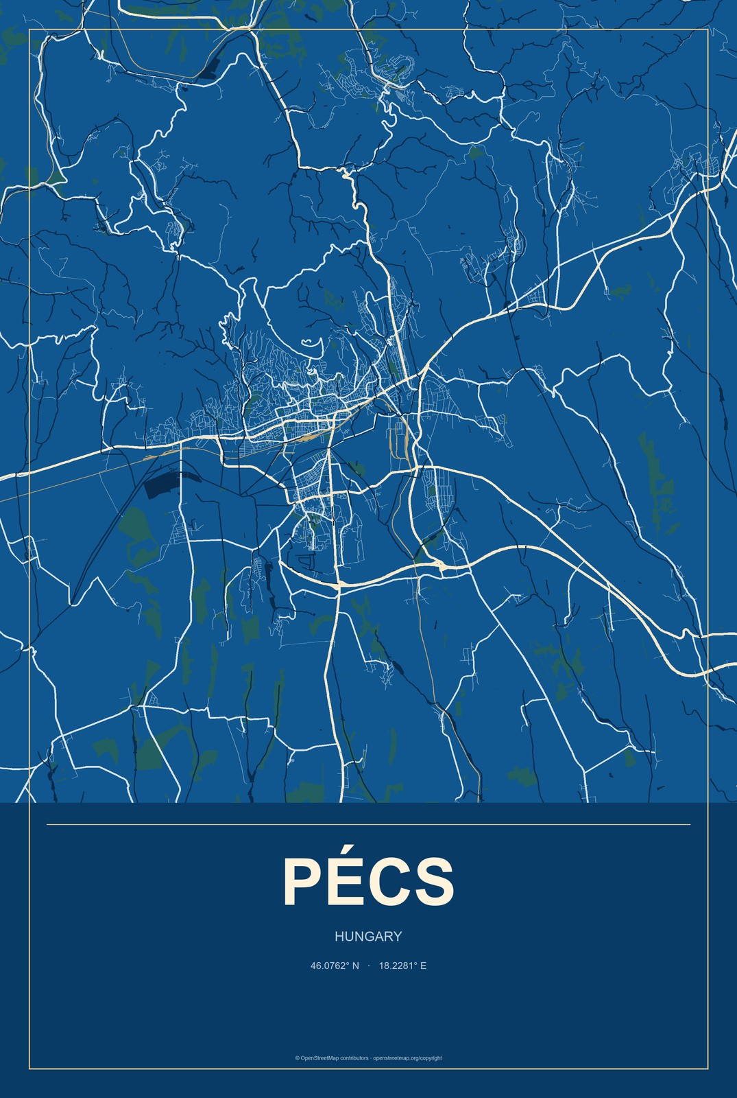Pécs, Hungary City Map Aluminum Sign in Harbor Cobalt style
