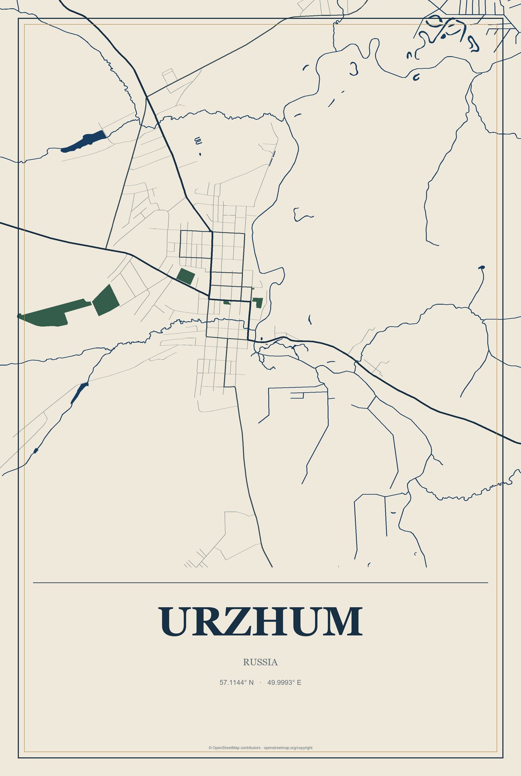Urzhum, Russia City Map Aluminum Sign in Coastal Cutout style