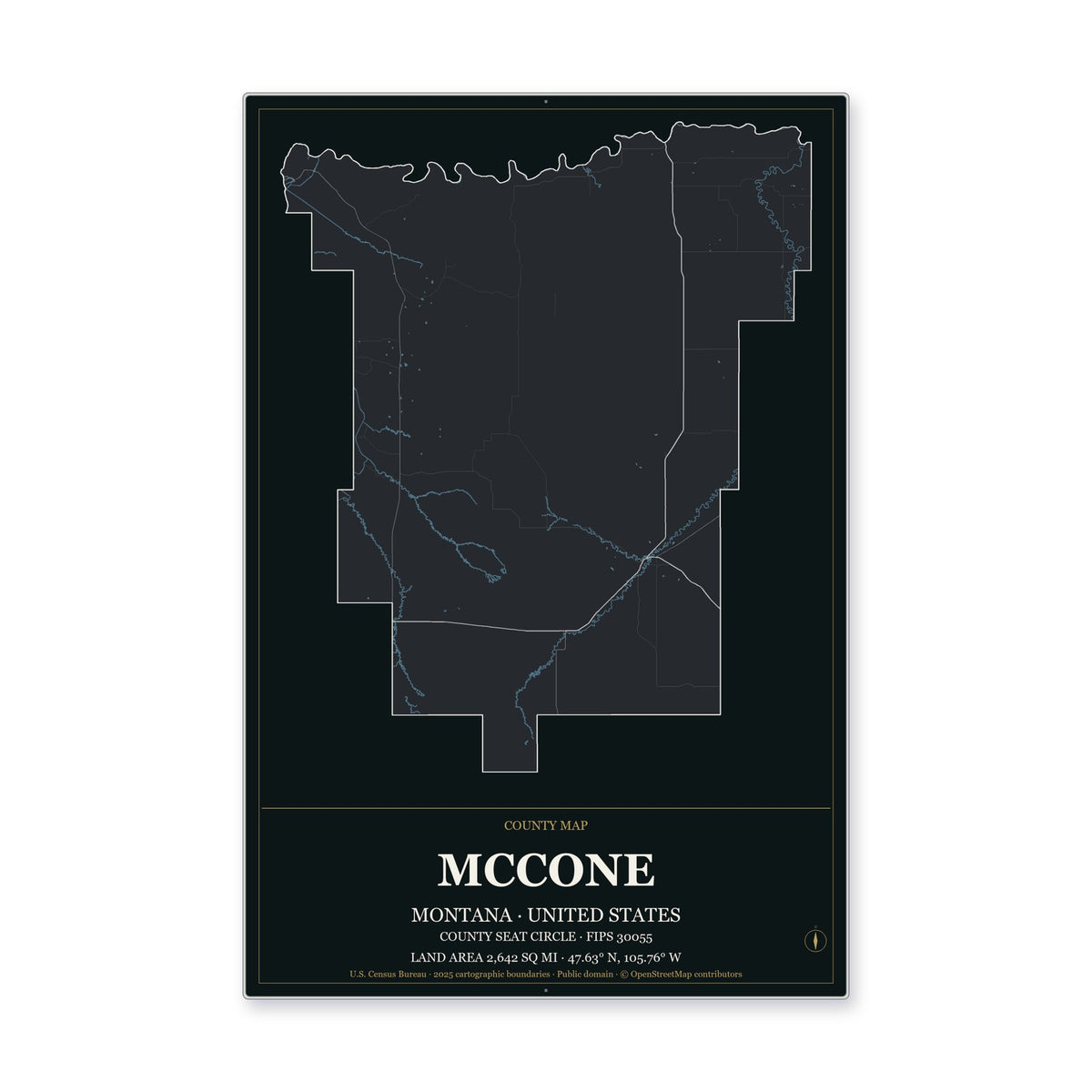 McCone County, Montana Map Aluminum Sign in Metropolitan Noir style