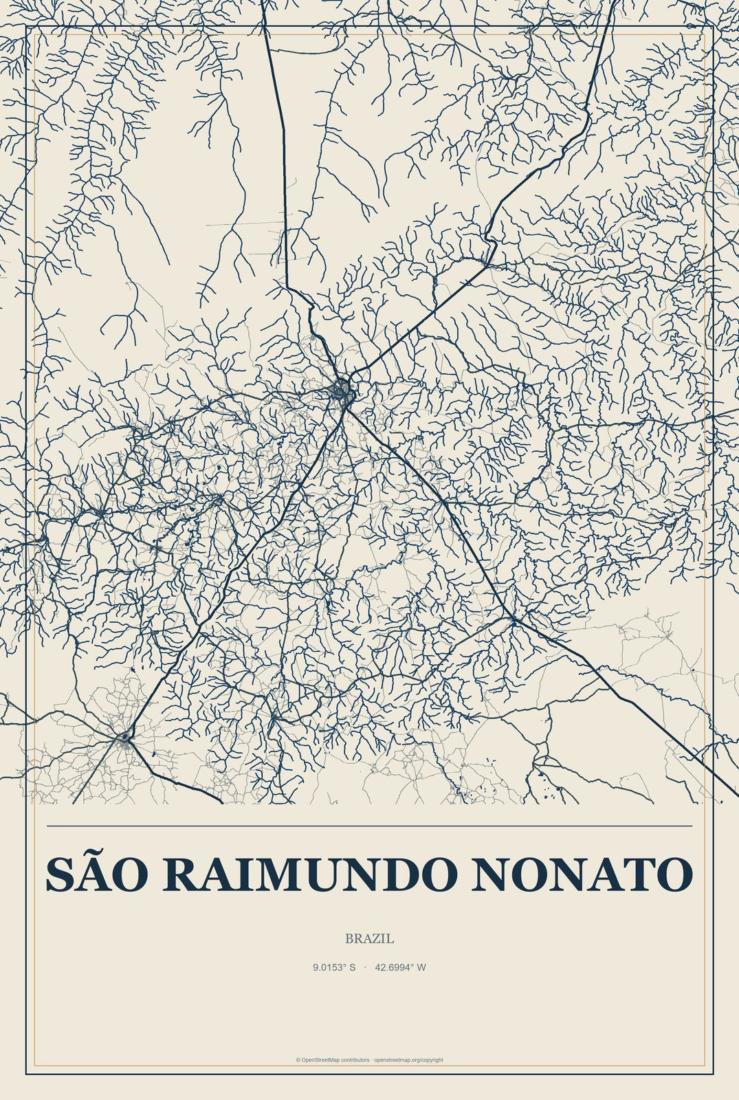 São Raimundo Nonato, Brazil City Map Aluminum Sign in Coastal Cutout style