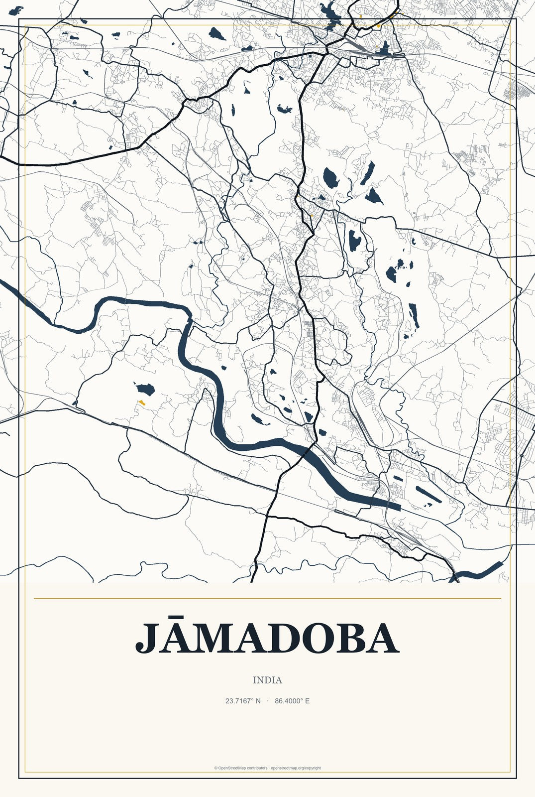 Jāmadoba, India City Map Aluminum Sign in Citrine Modern style