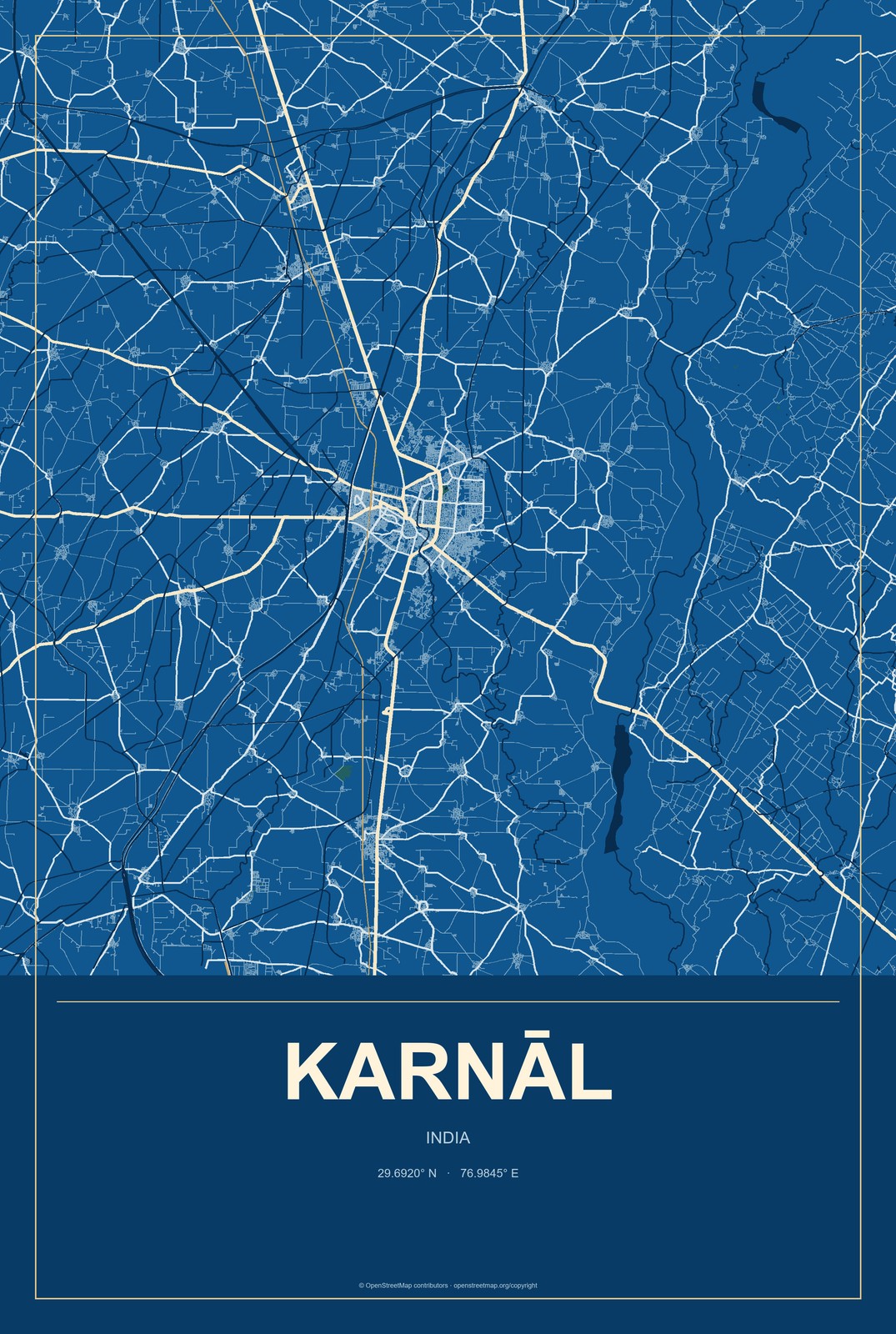 Karnāl, India City Map Aluminum Sign in Harbor Cobalt style