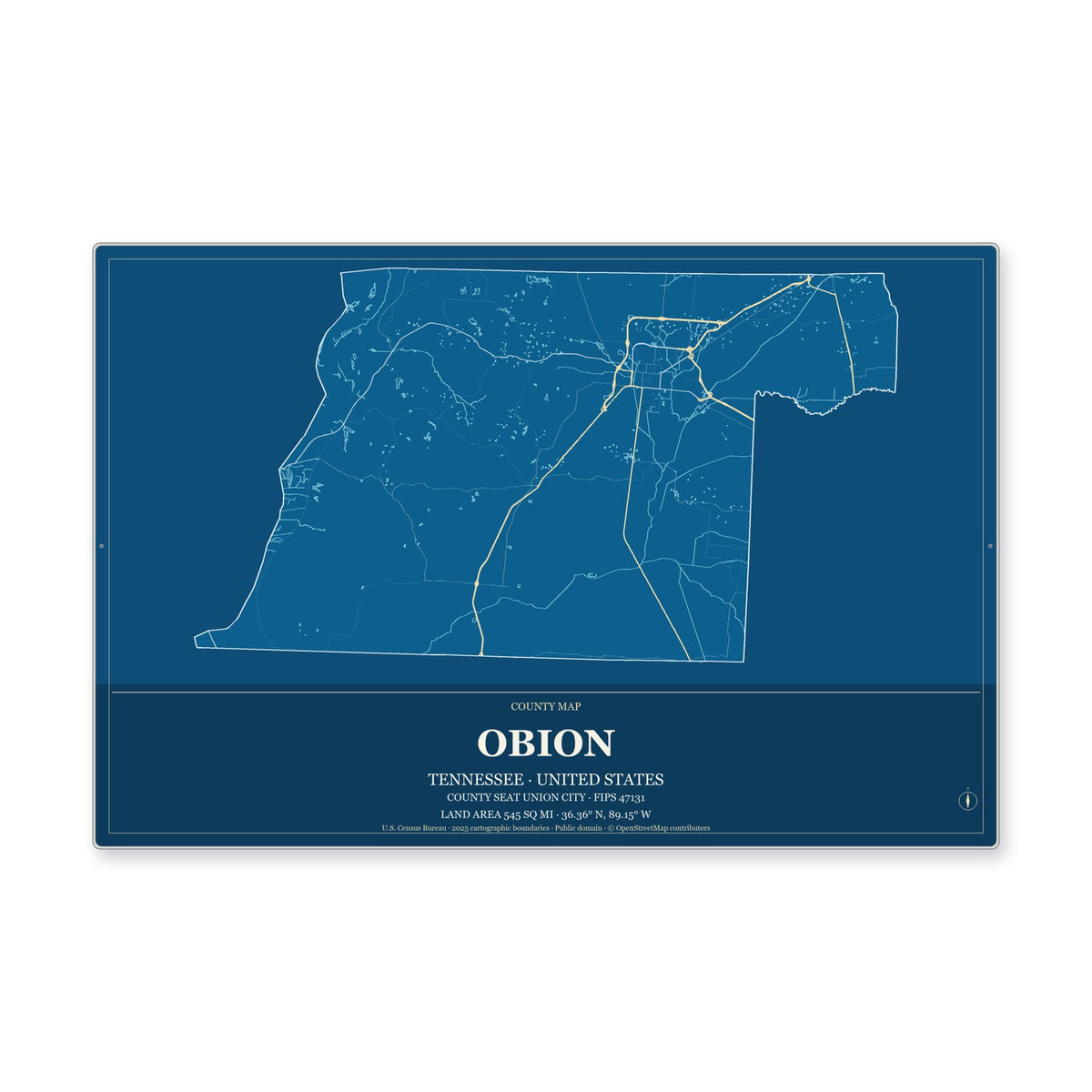 Obion County, Tennessee Map Aluminum Sign in Harbor Cobalt style