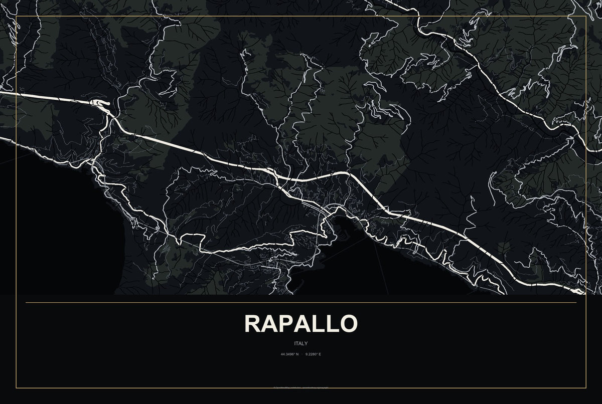 Rapallo, Italy City Map Aluminum Sign in Metropolitan Noir style