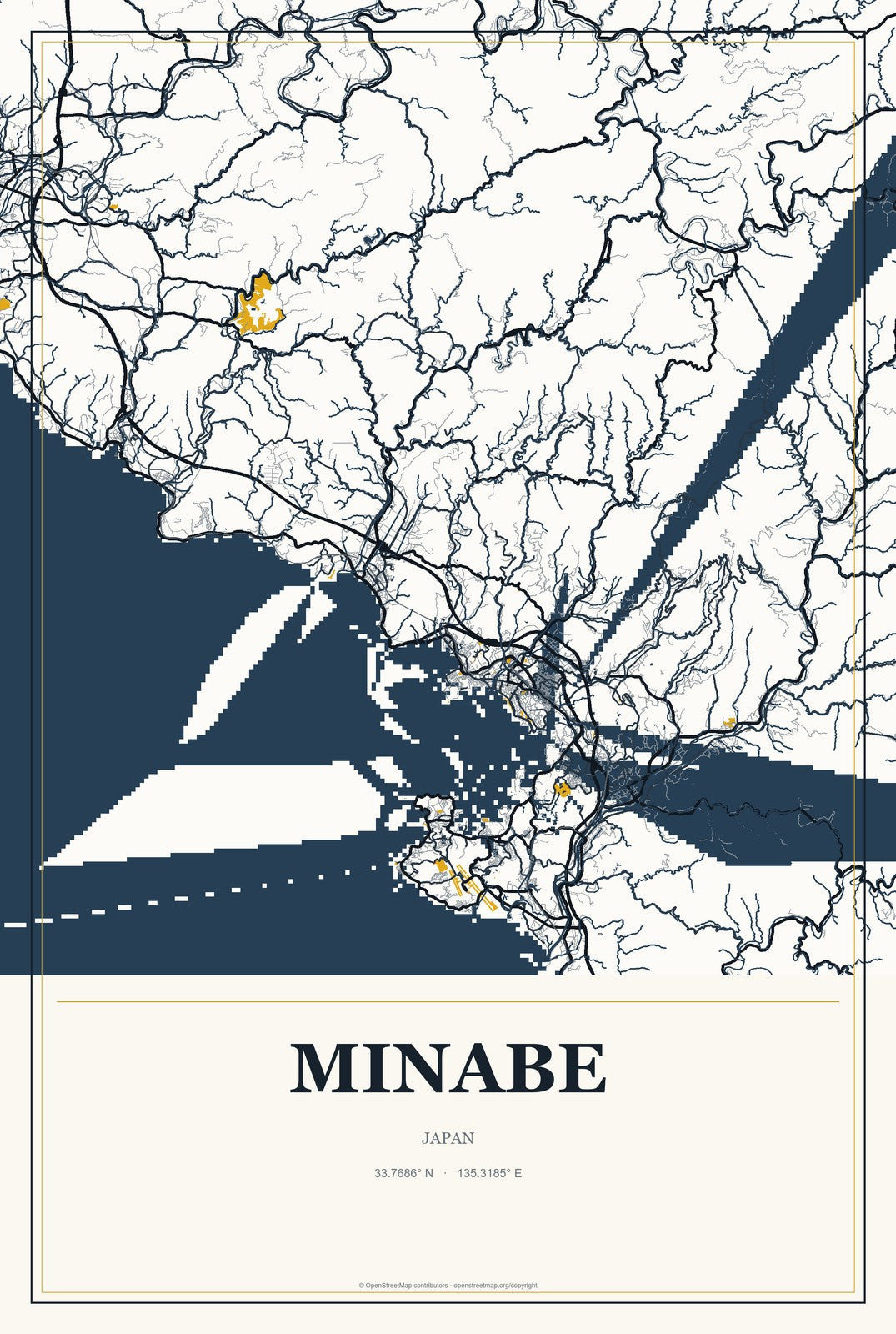 Minabe, Japan City Map Aluminum Sign in Citrine Modern style