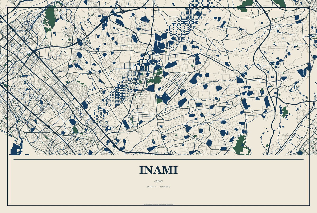 Inami, Japan City Map Aluminum Sign in Coastal Cutout style