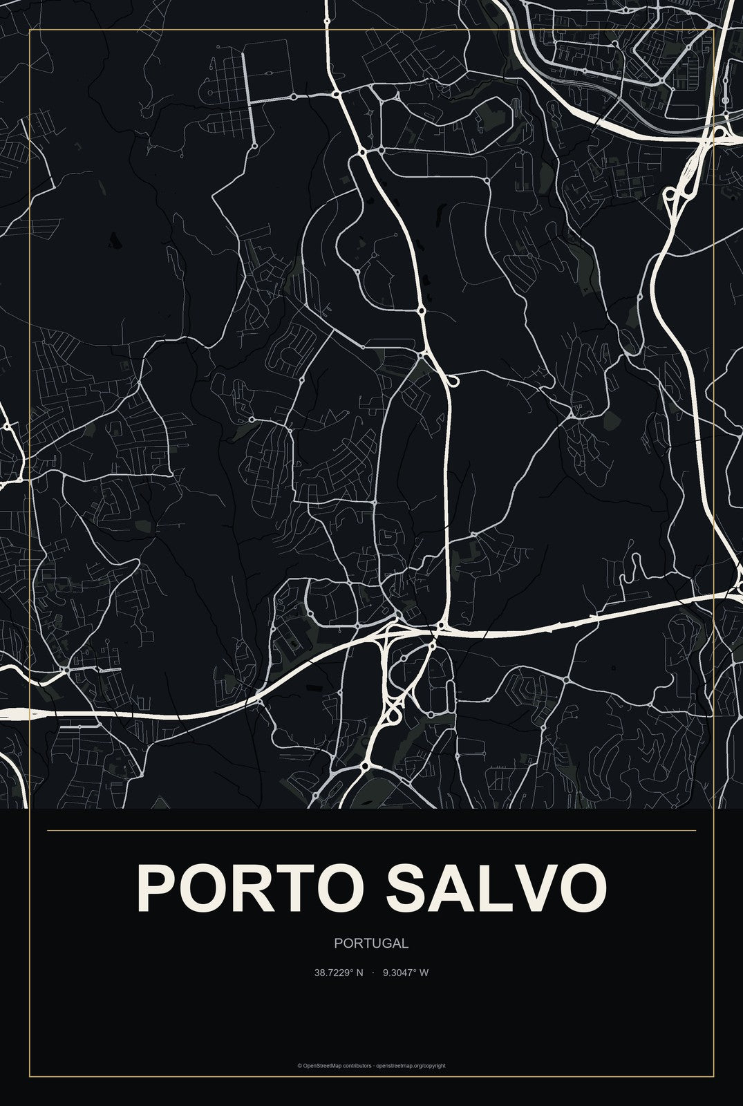 Porto Salvo, Portugal City Map Aluminum Sign in Metropolitan Noir style