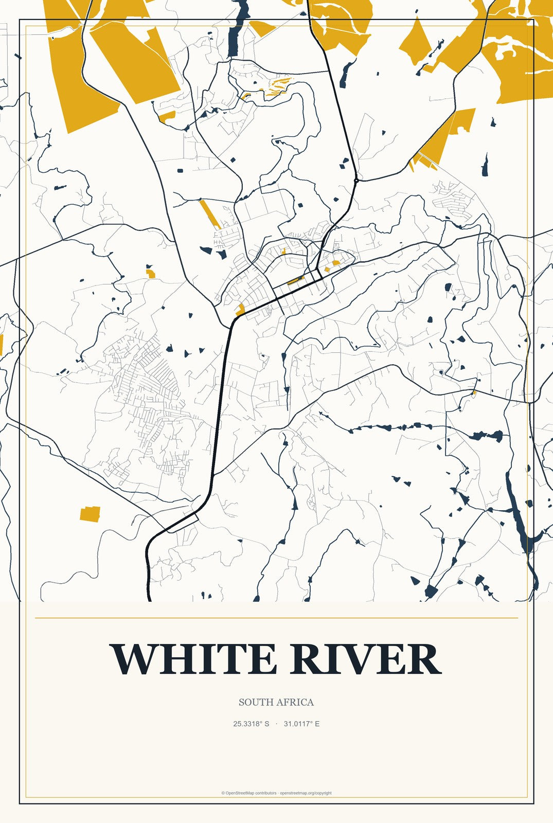 White River, South Africa City Map Aluminum Sign in Citrine Modern style