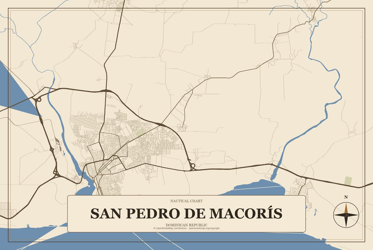 San Pedro de Macorís, Dominican Republic City Map Aluminum Sign in Heritage Nautical style