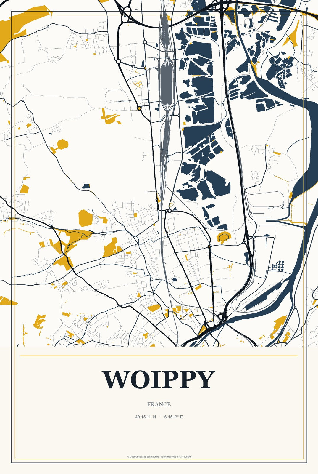 Woippy, France City Map Aluminum Sign in Citrine Modern style
