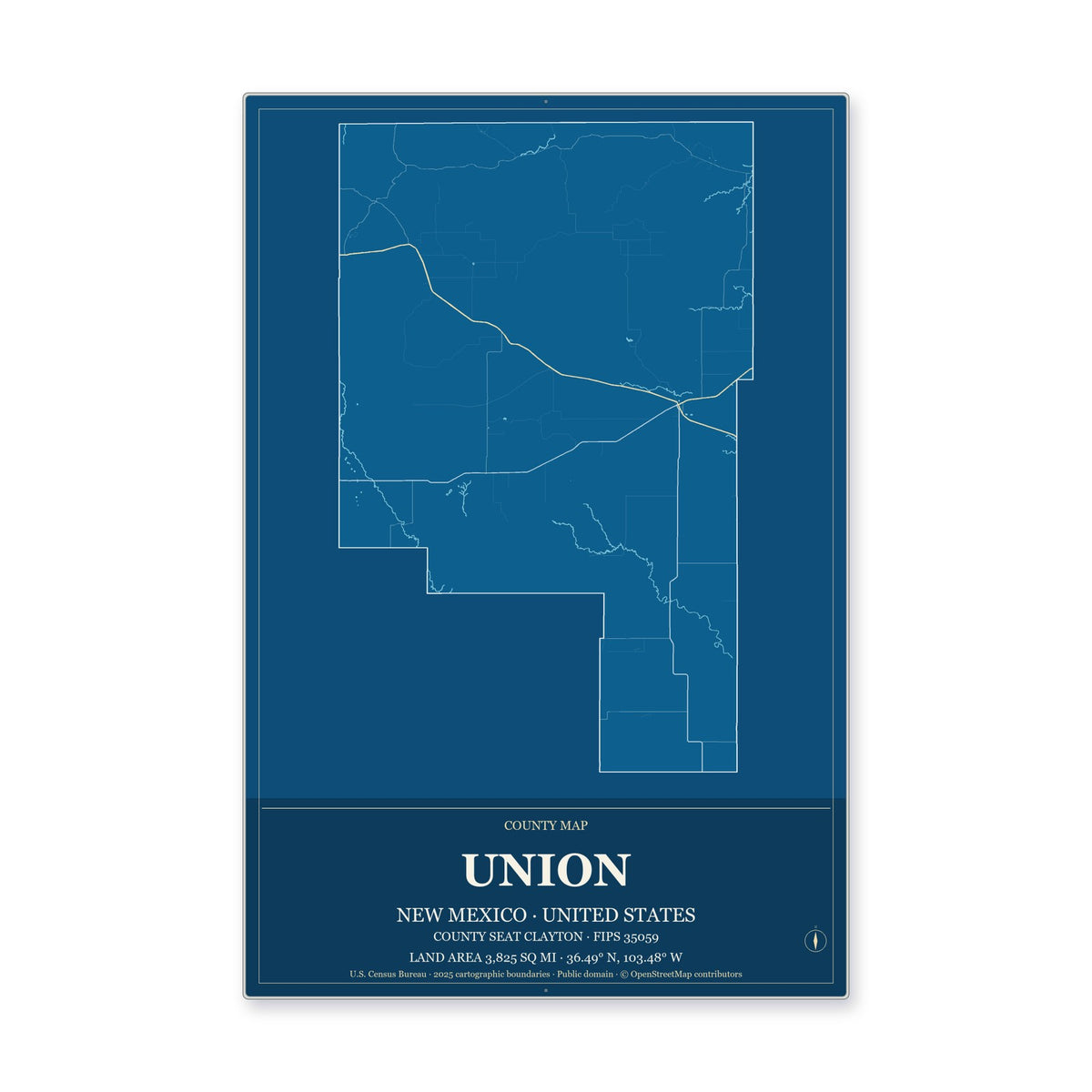 Union County, New Mexico Map Aluminum Sign in Harbor Cobalt style