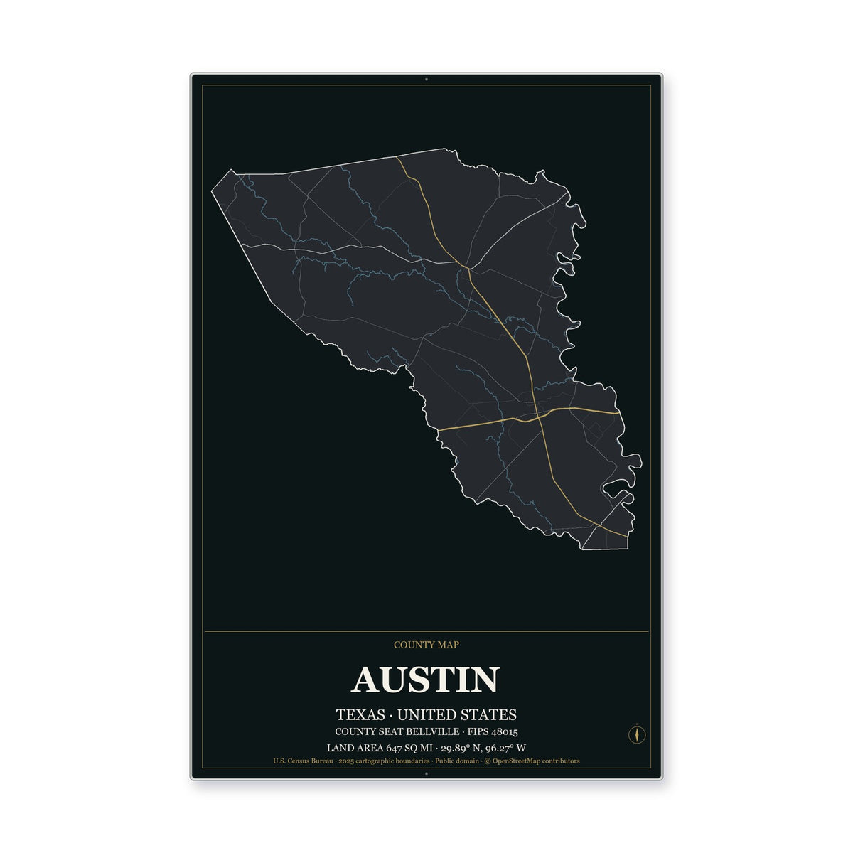 Austin County, Texas Map Aluminum Sign in Metropolitan Noir style