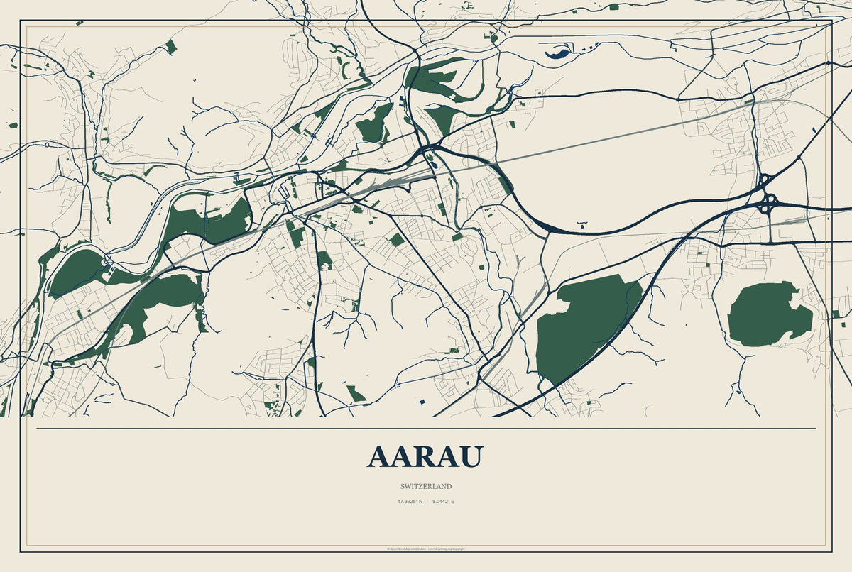 Aarau, Switzerland City Map Aluminum Sign in Coastal Cutout style