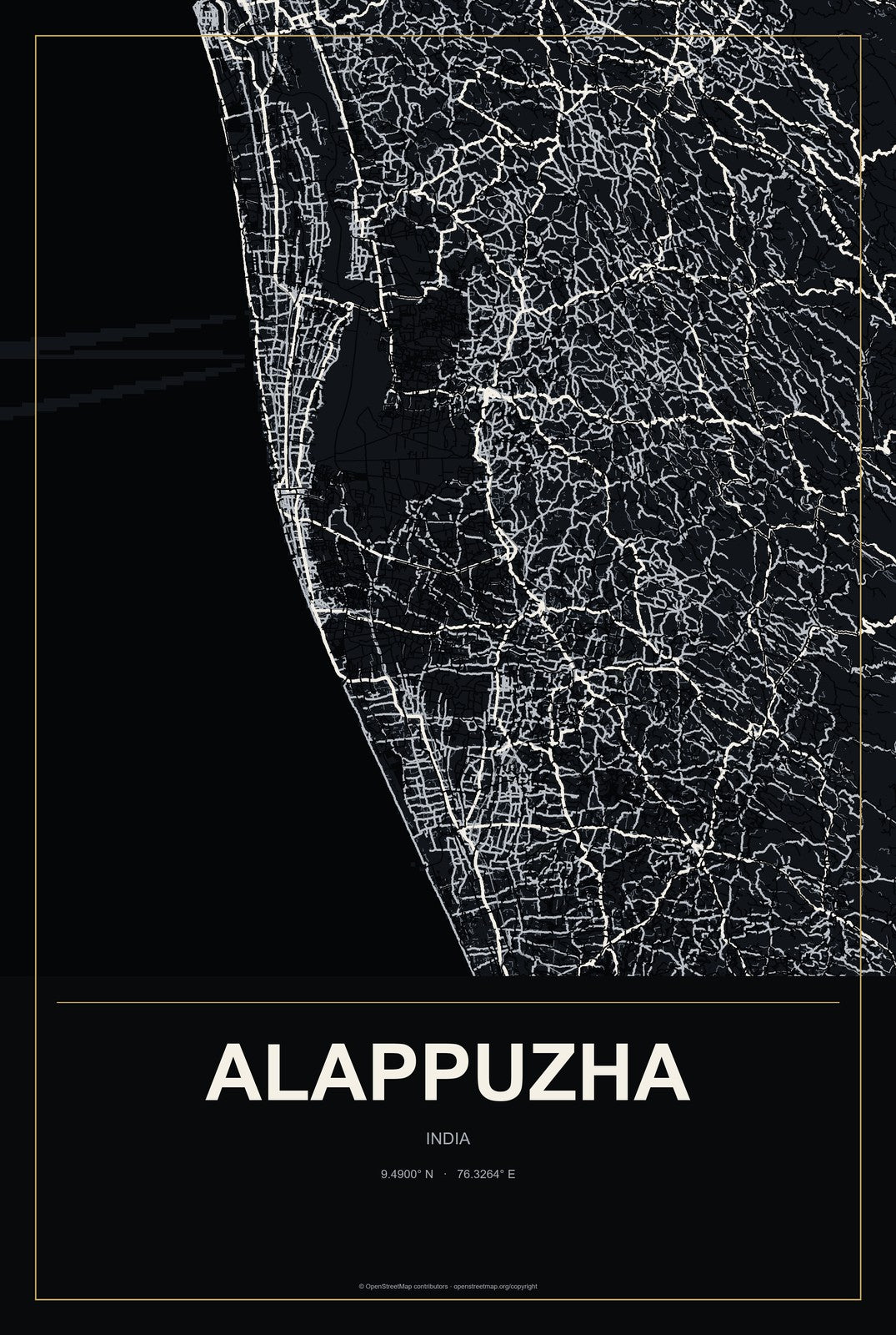 Alappuzha, India City Map Aluminum Sign in Metropolitan Noir style