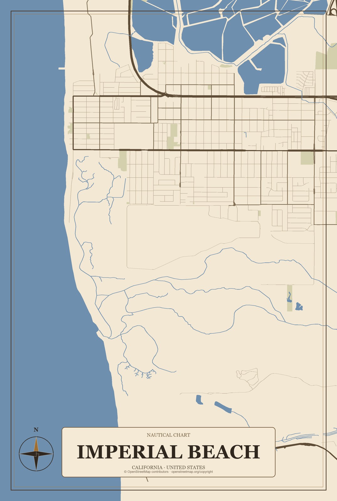 Imperial Beach, California City Map Aluminum Sign in Heritage Nautical style