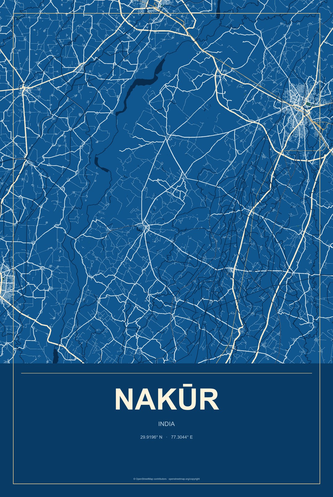 Nakūr, India City Map Aluminum Sign in Harbor Cobalt style