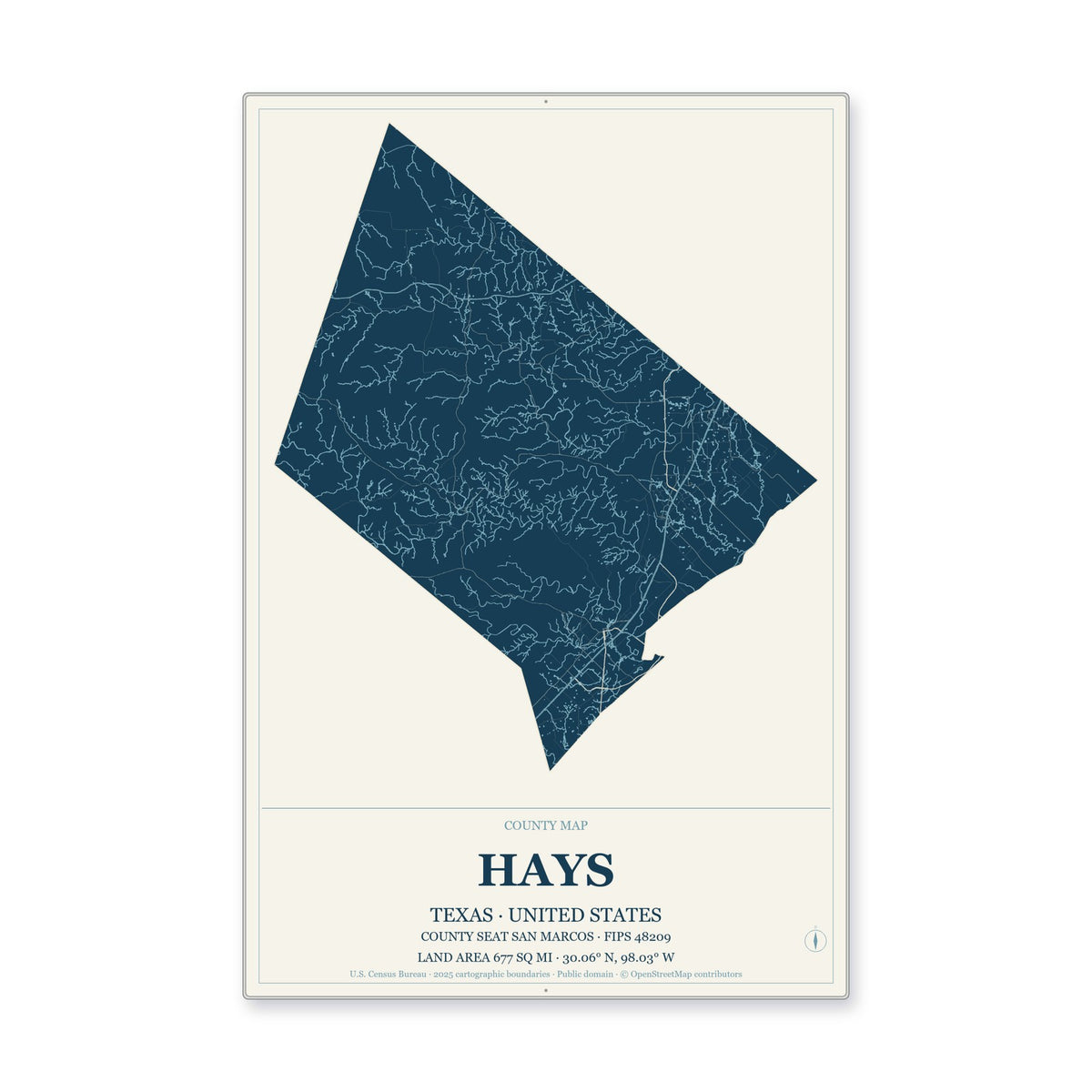 Hays County, Texas Map Aluminum Sign in Coastal Cutout style