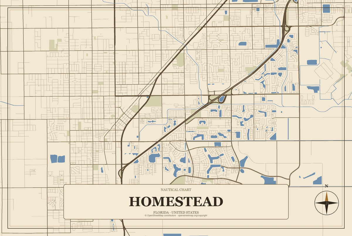Homestead, Florida City Map Aluminum Sign in Heritage Nautical style