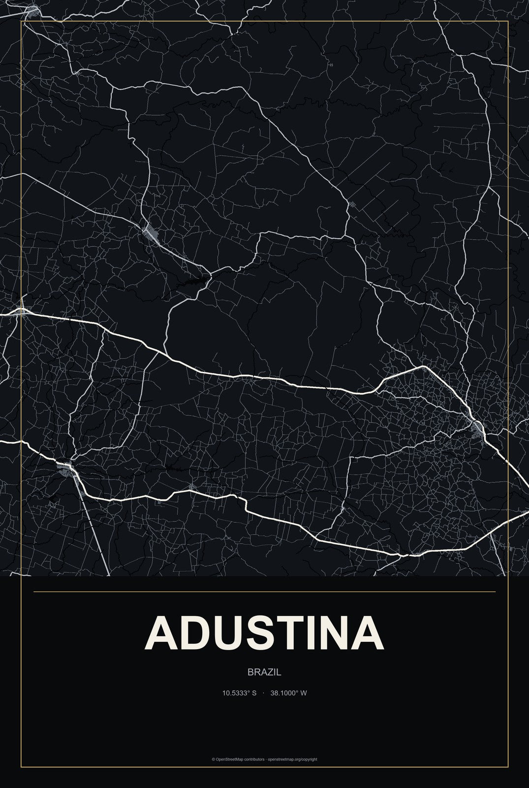 Adustina, Brazil City Map Aluminum Sign in Metropolitan Noir style