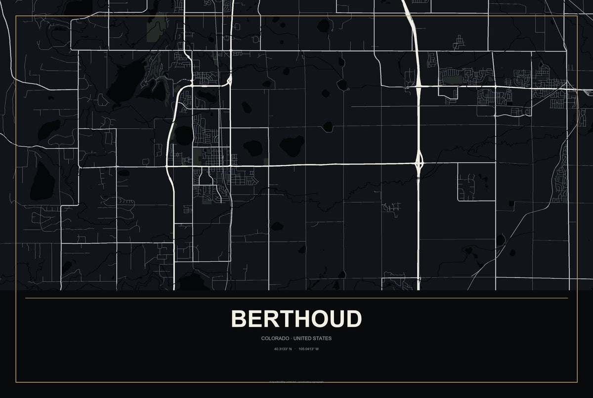 Berthoud, Colorado City Map Aluminum Sign in Metropolitan Noir style