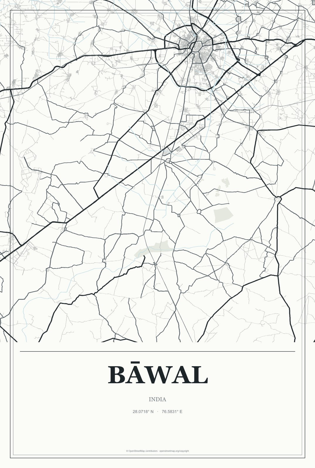 Bāwal, India City Map Aluminum Sign in Gallery Air style