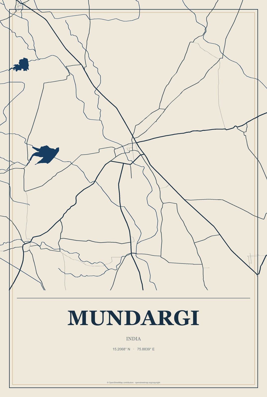 Mundargi, India City Map Aluminum Sign in Coastal Cutout style