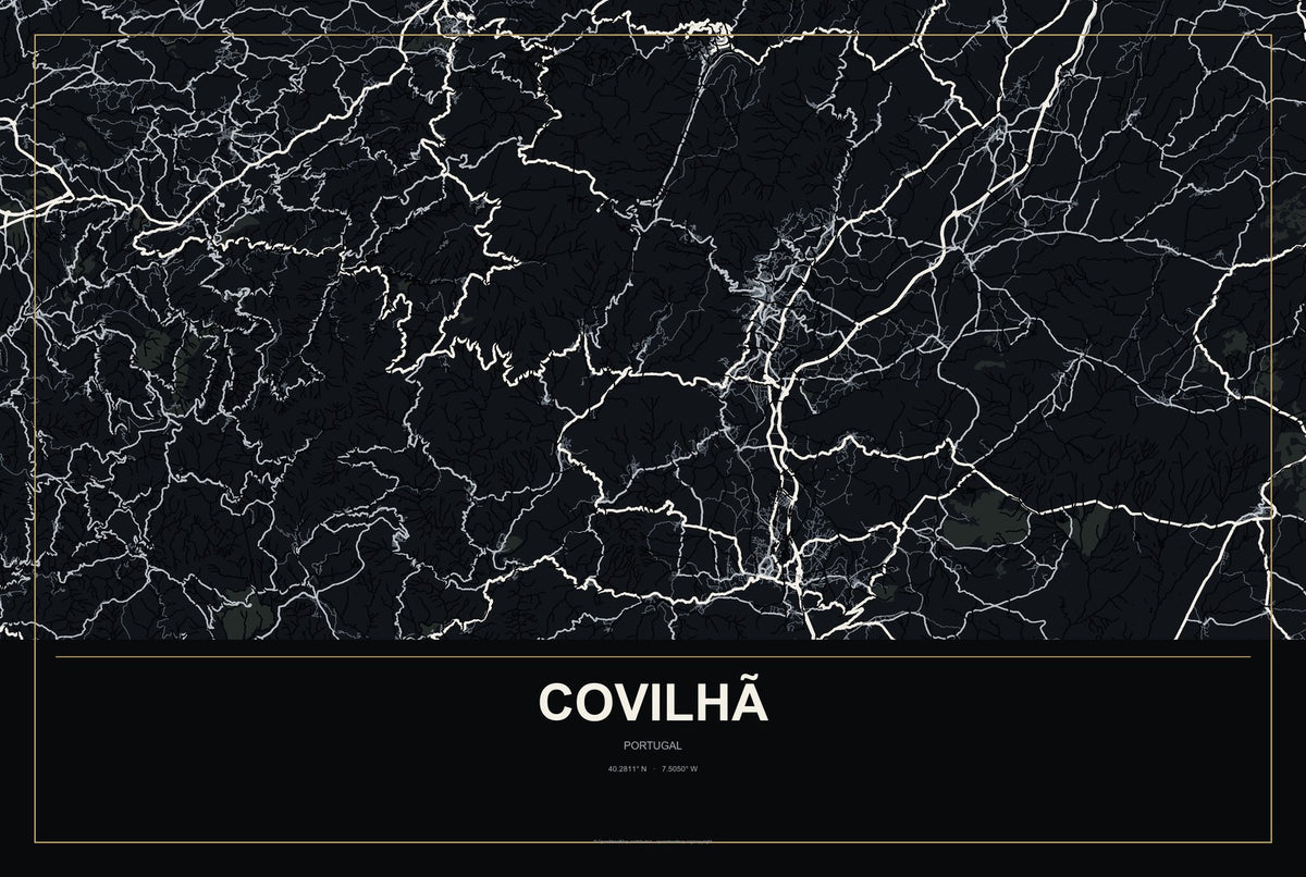 Covilhã, Portugal City Map Aluminum Sign in Metropolitan Noir style