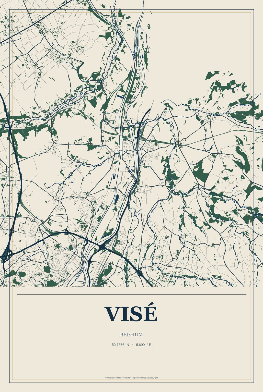 Visé, Belgium City Map Aluminum Sign in Coastal Cutout style