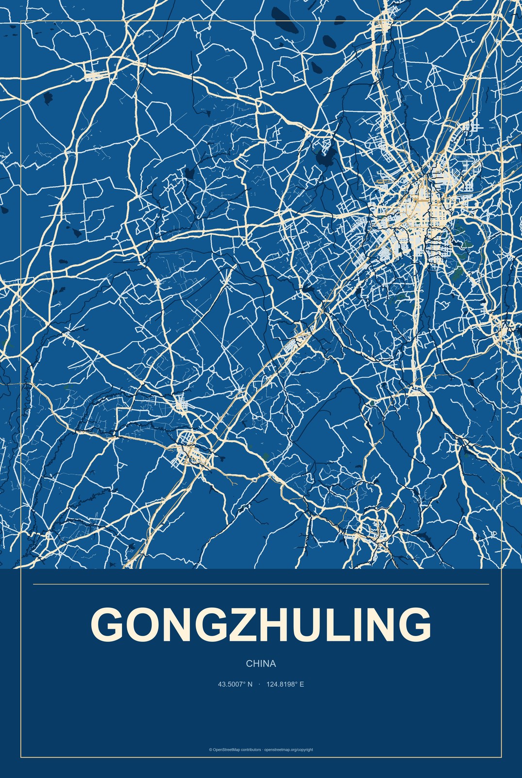 Gongzhuling, China City Map Aluminum Sign in Harbor Cobalt style