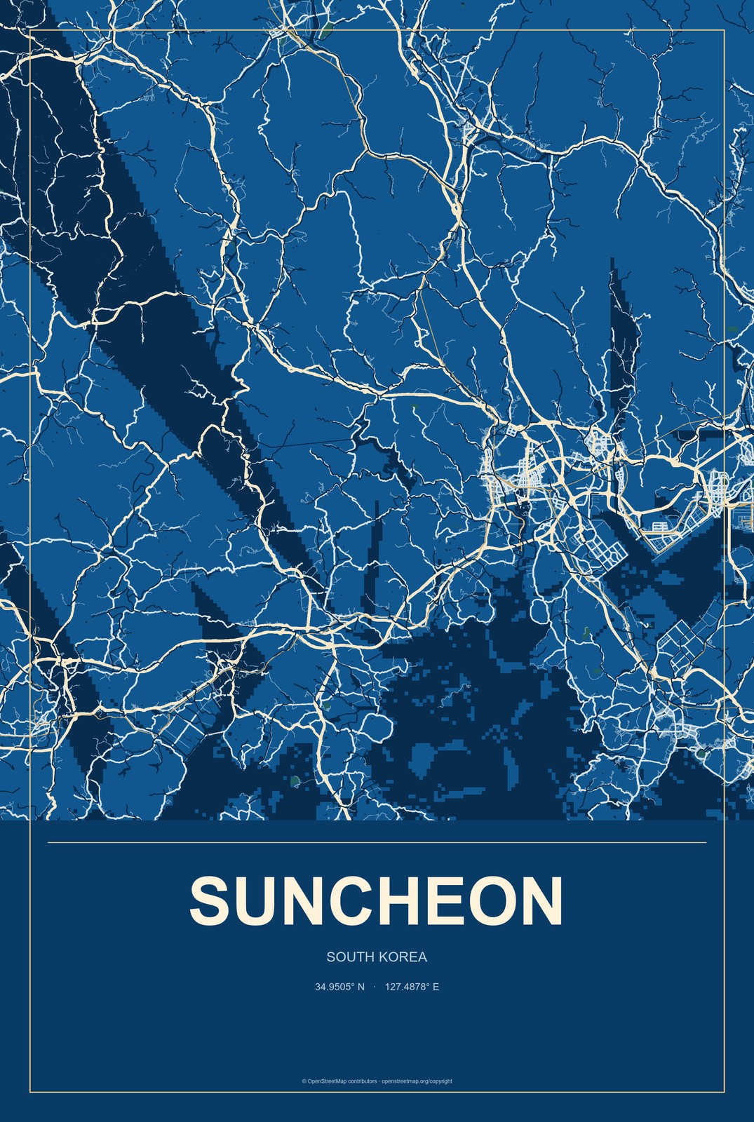 Suncheon, South Korea City Map Aluminum Sign in Harbor Cobalt style