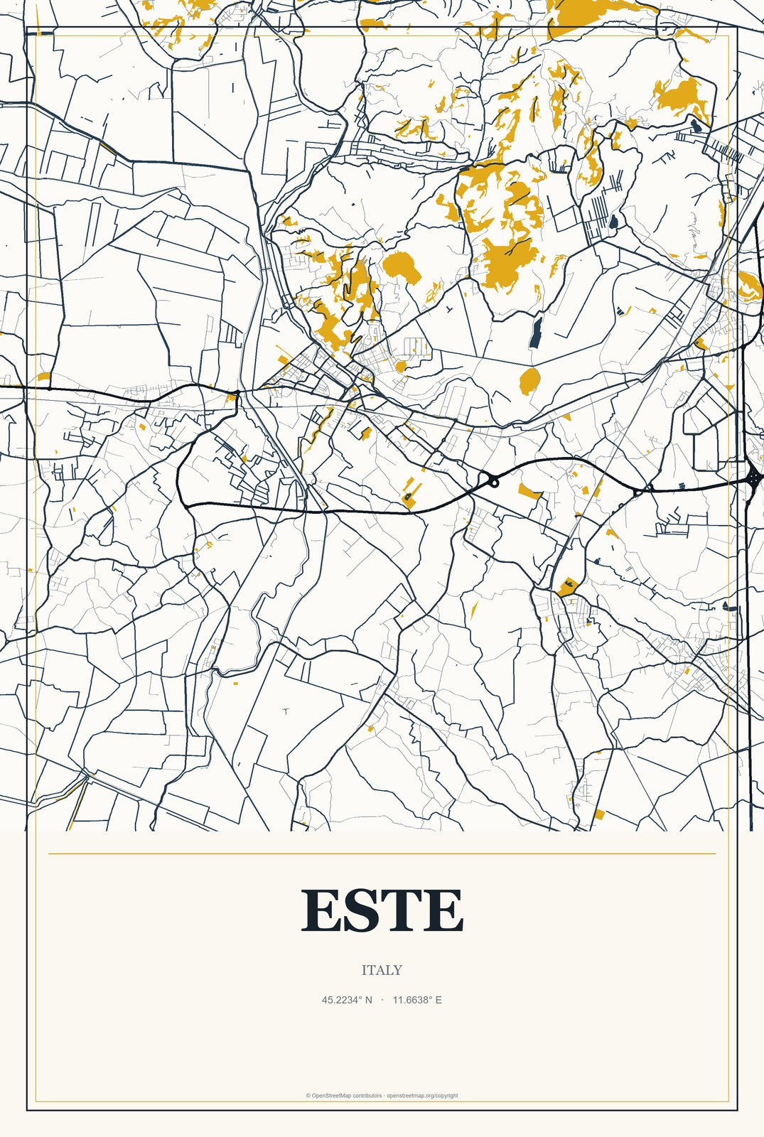 Este, Italy City Map Aluminum Sign in Citrine Modern style