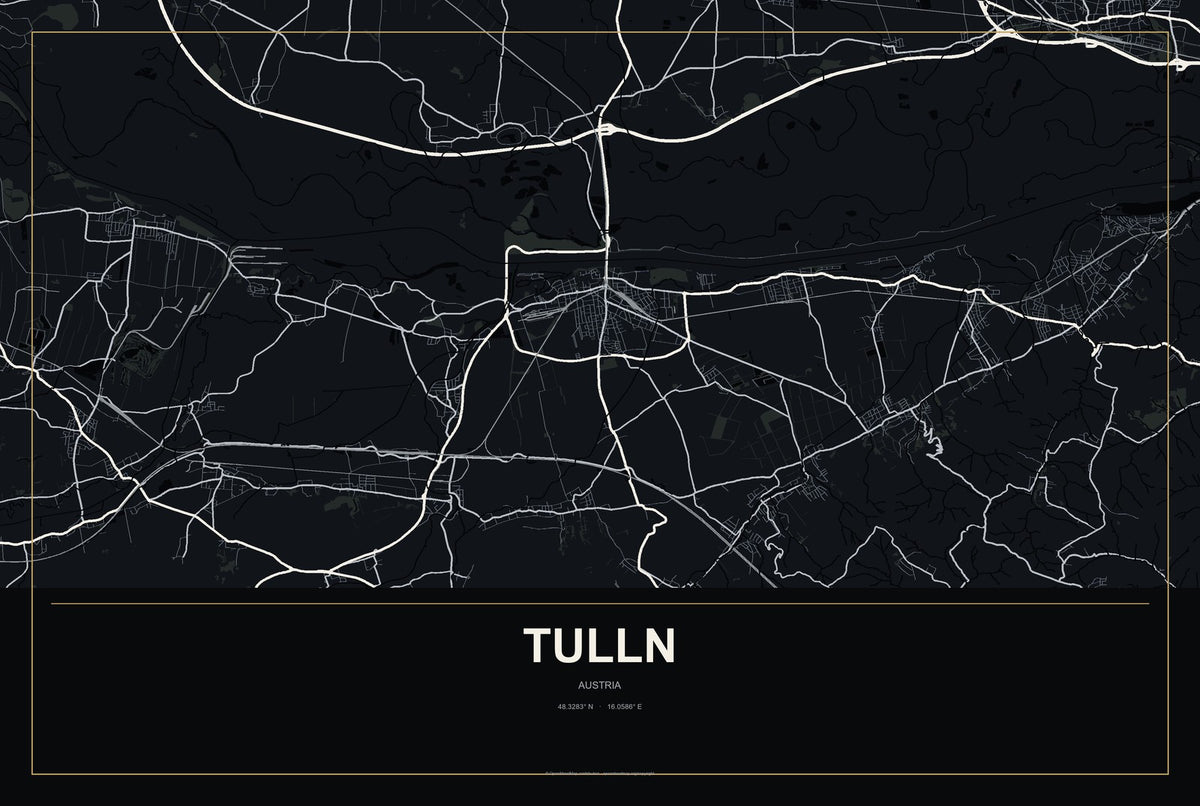 Tulln, Austria City Map Aluminum Sign in Metropolitan Noir style