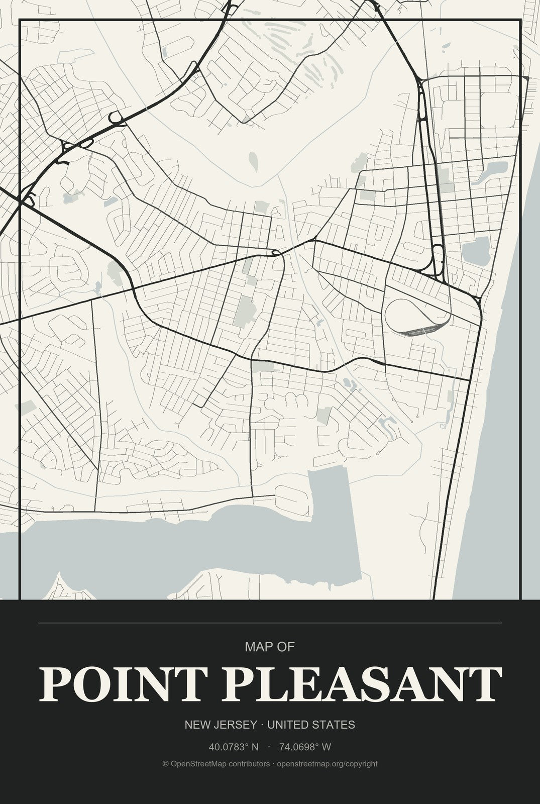 Point Pleasant, New Jersey City Map Aluminum Sign in Museum Plaque style